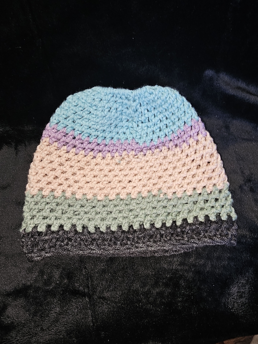 Handmade Striped Crochet Beanie in Pastel Blue, Lavender, Peach, Sage & Charcoal